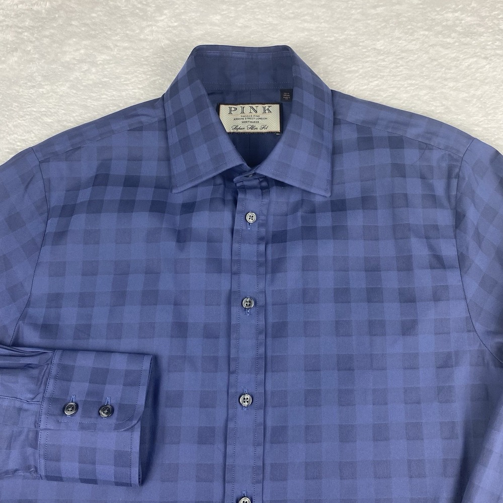 Thomas Pink Dress Shirt Mens 15.5 Blue on Blue Checks Super Slim Fit Stretch